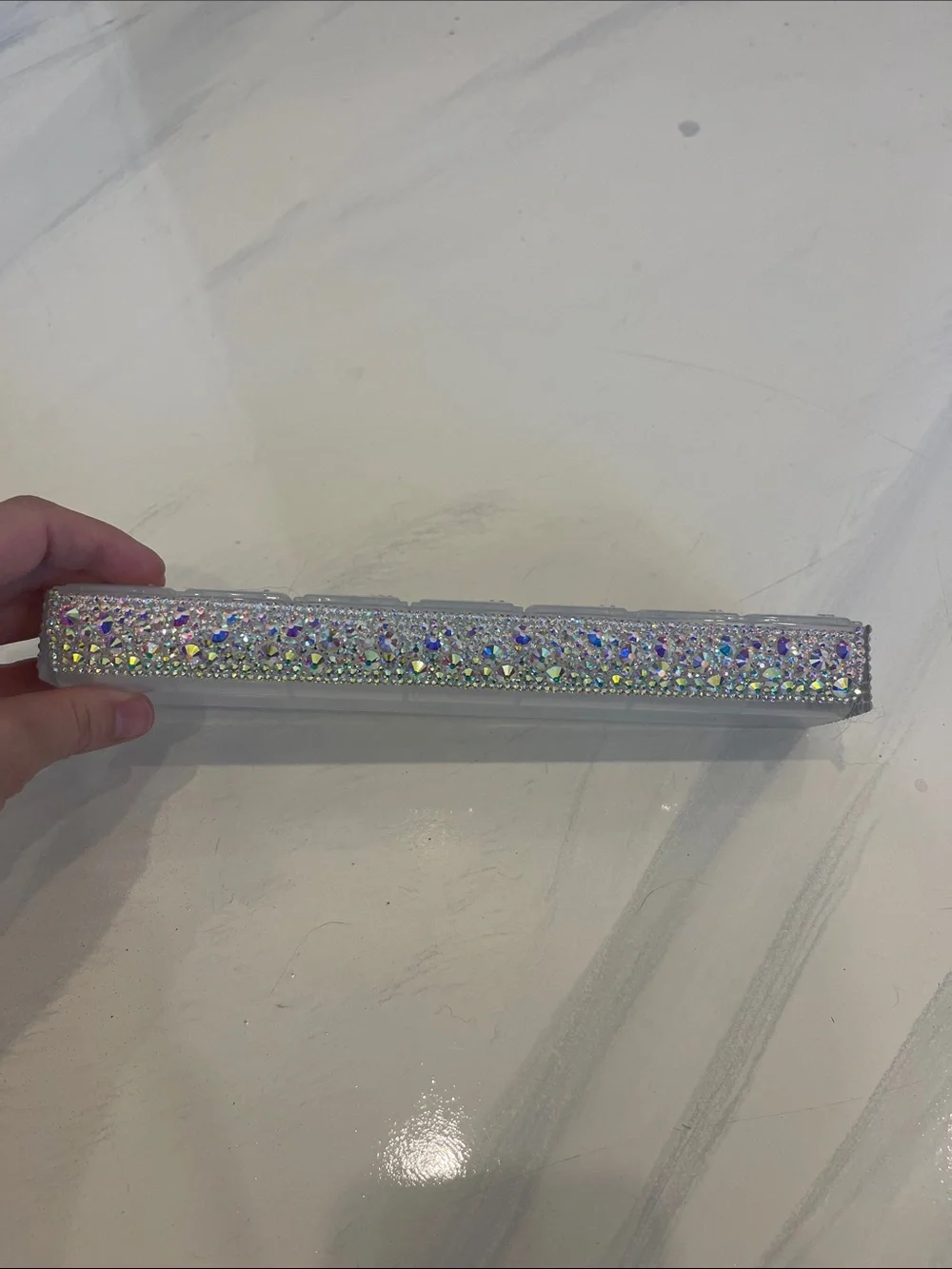 Handmade Daily Pill Organizer Box with Rhinestone Trim - White